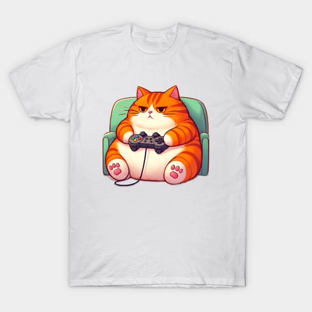 A fat cat holding a game controller. Funny Cat design T-Shirt by Apparels2022